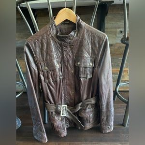 Dark brown leather belted jacket